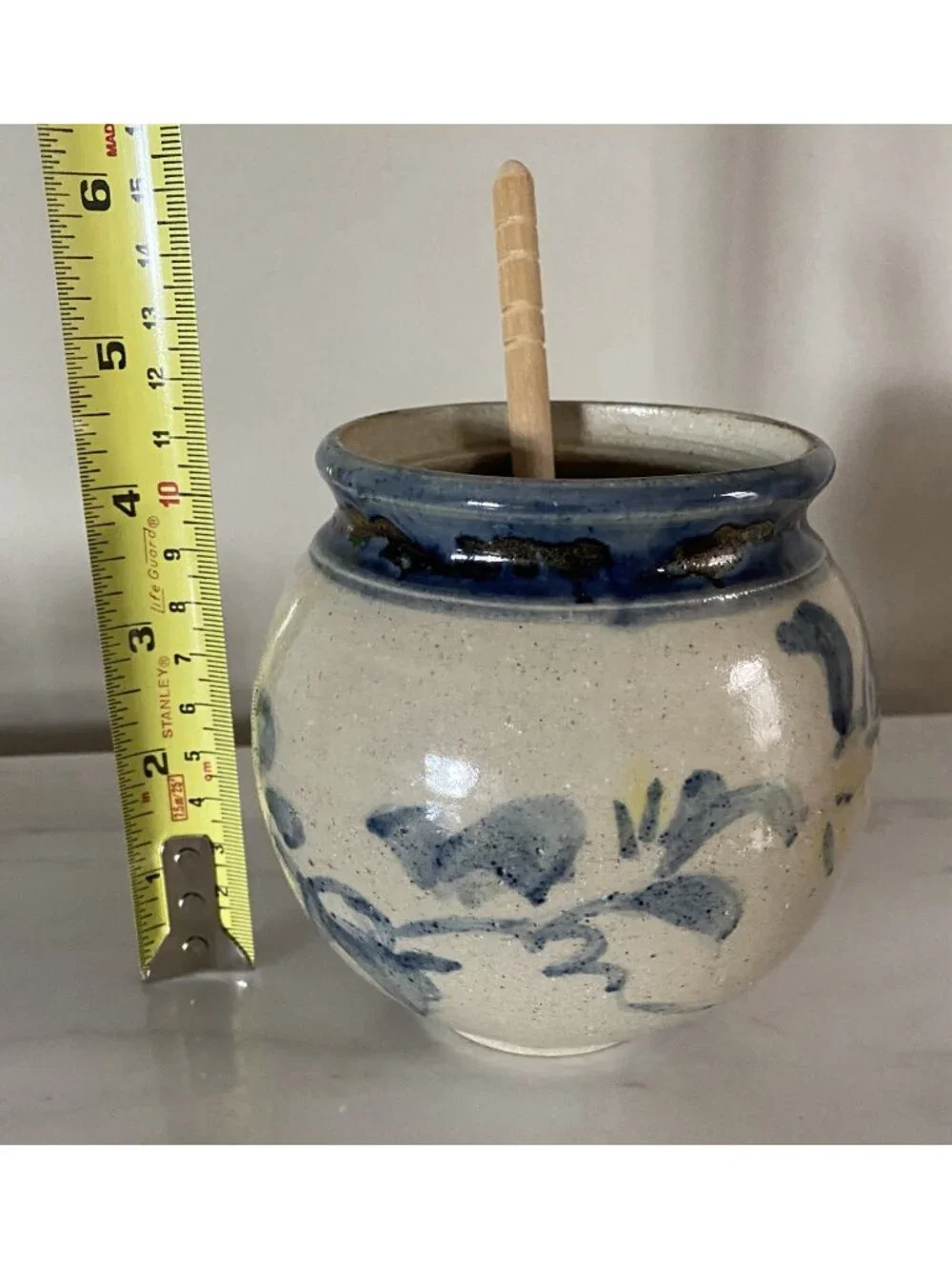 Mitchell Handmade Art Pottery Honey Pot Jar With Wood Dipper Signed